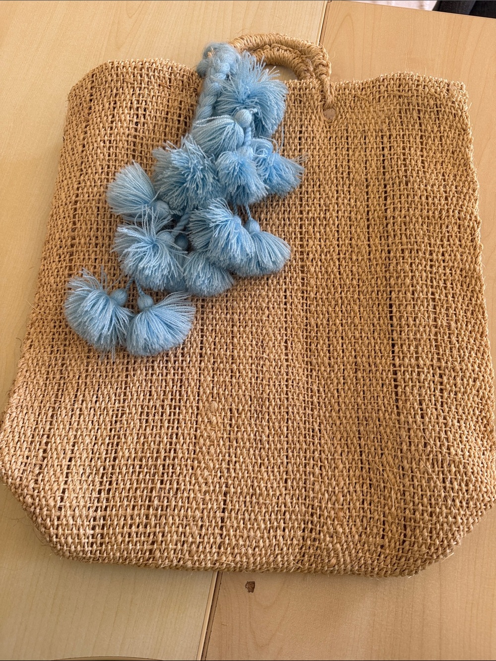 Woven Straw Tote with Blue Tassel Pom-Pom Accent